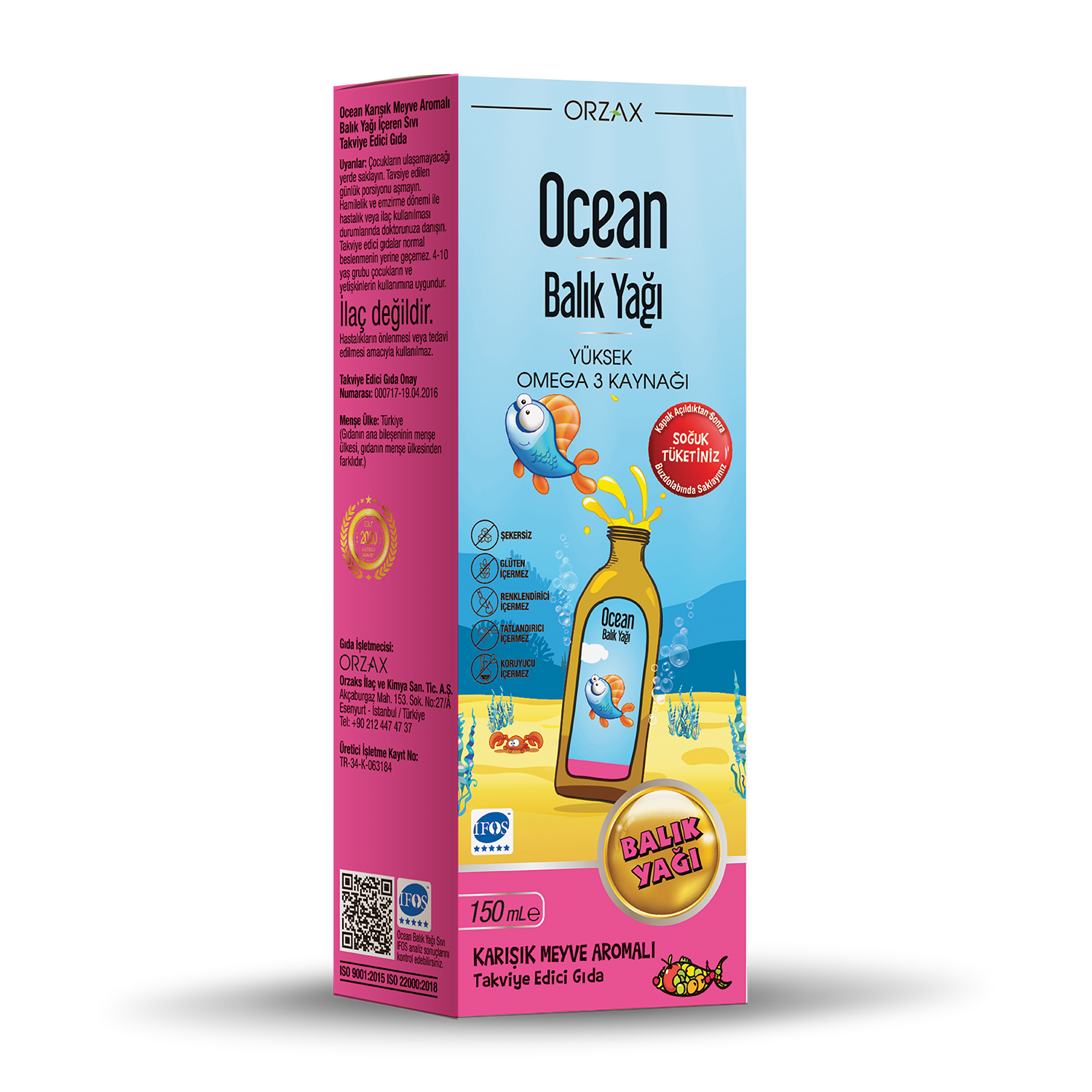 Ocean_BalikYagi_Karisik_Meyve.png أورزاكس أوشن زيت السمك بنكهة الفواكه المشكلة – 150 مل - الصورة 1