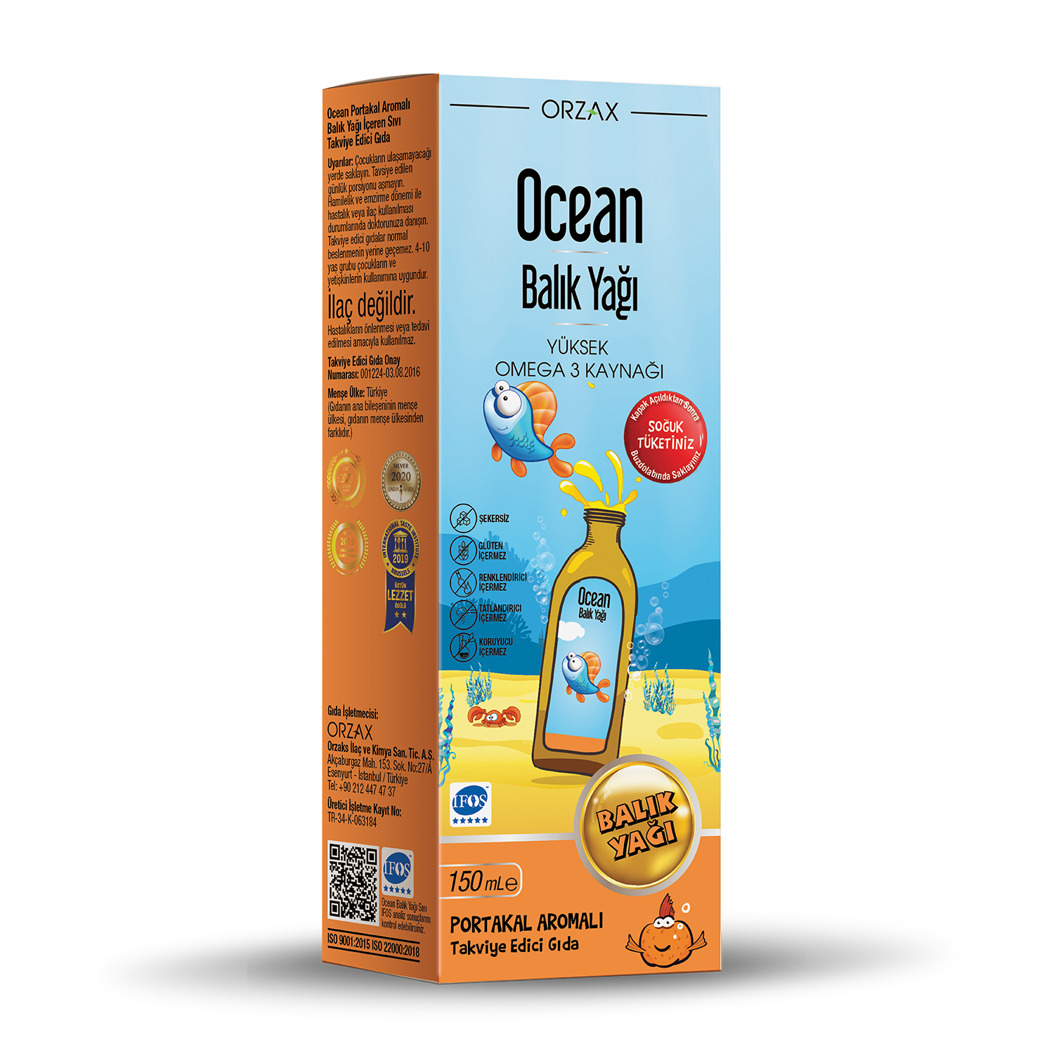 Ocean_BalikYagi_Portakal.png أورزاكس أوشن زيت السمك بنكهة البرتقال – 150 مل - الصورة 1